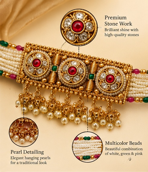 Traditional Gold-Tone Pearl Choker with Matching Earrings