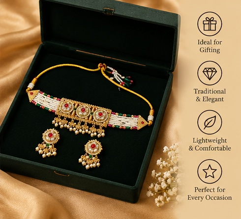 Traditional Gold-Tone Pearl Choker with Matching Earrings