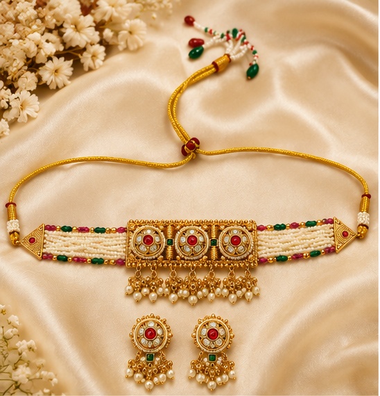 Traditional Gold-Tone Pearl Choker with Matching Earrings