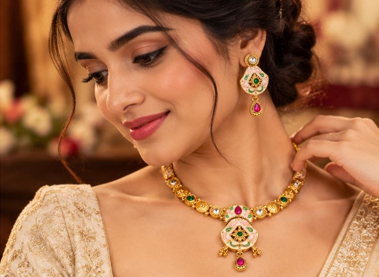 Traditional Gold-Tone Pink and Green Enamel Necklace Set with Matching Earrings