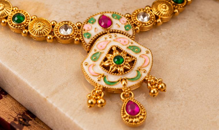 Traditional Gold-Tone Pink and Green Enamel Necklace Set with Matching Earrings
