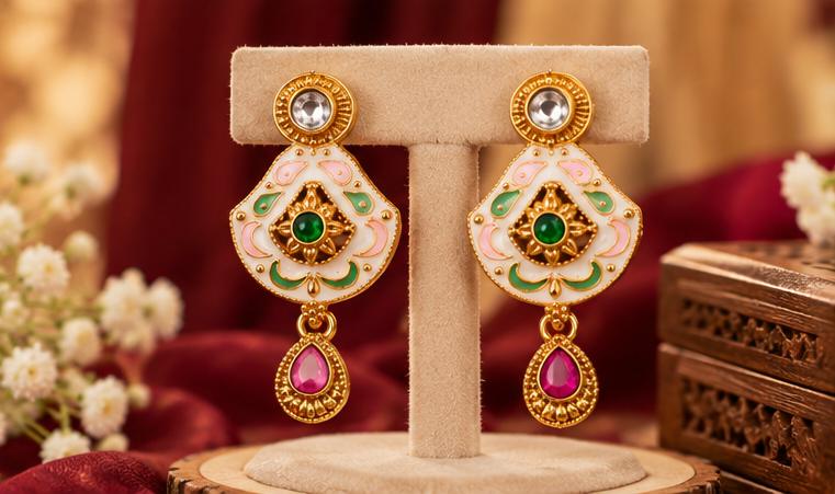 Traditional Gold-Tone Pink and Green Enamel Necklace Set with Matching Earrings