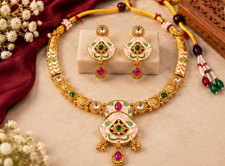 Traditional Gold-Tone Pink and Green Enamel Necklace Set with Matching Earrings