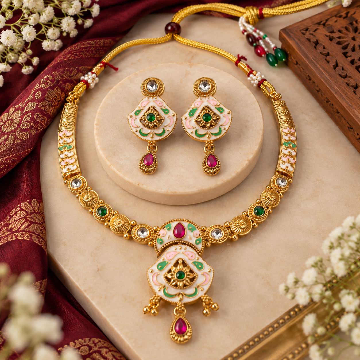 Traditional Gold-Tone Pink and Green Enamel Necklace Set with Matching Earrings