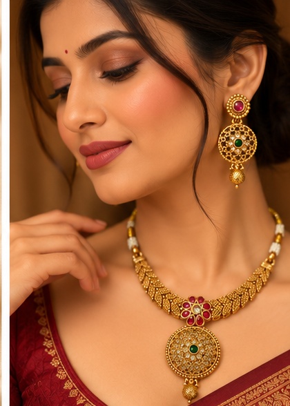 Traditional Gold-Tone Ruby and Green Stone Necklace Set with Matching Earrings