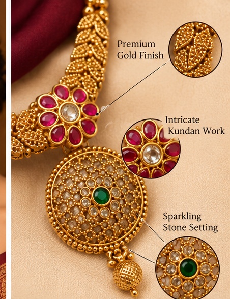 Traditional Gold-Tone Ruby and Green Stone Necklace Set with Matching Earrings