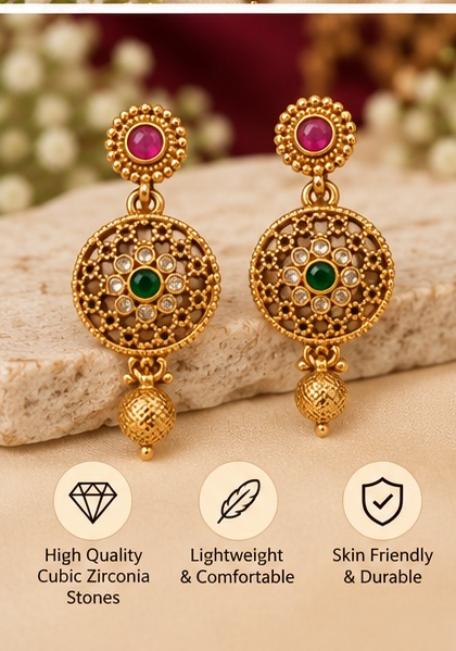 Traditional Gold-Tone Ruby and Green Stone Necklace Set with Matching Earrings