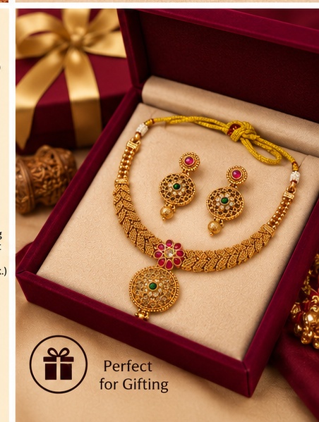 Traditional Gold-Tone Ruby and Green Stone Necklace Set with Matching Earrings