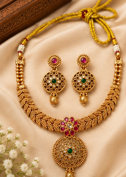 Traditional Gold-Tone Ruby and Green Stone Necklace Set with Matching Earrings