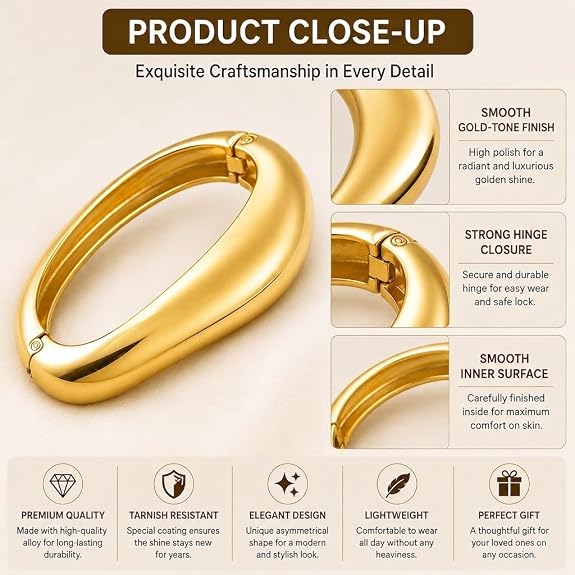 Gold-Tone Sleek Oval Cuff Bracelet for Women 