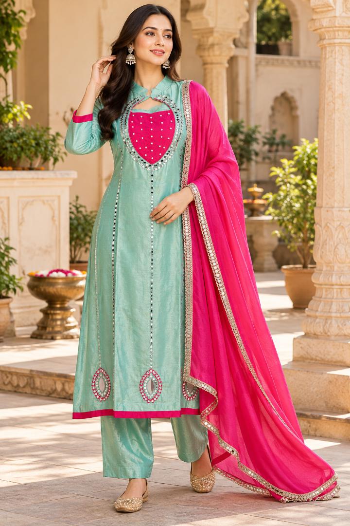 Vrindaa Sakhi Women’s Premium Mint Green & Pink Mirror Work Embroidered Kurta Pant Dupatta Set | Traditional Festive Ethnic Wear