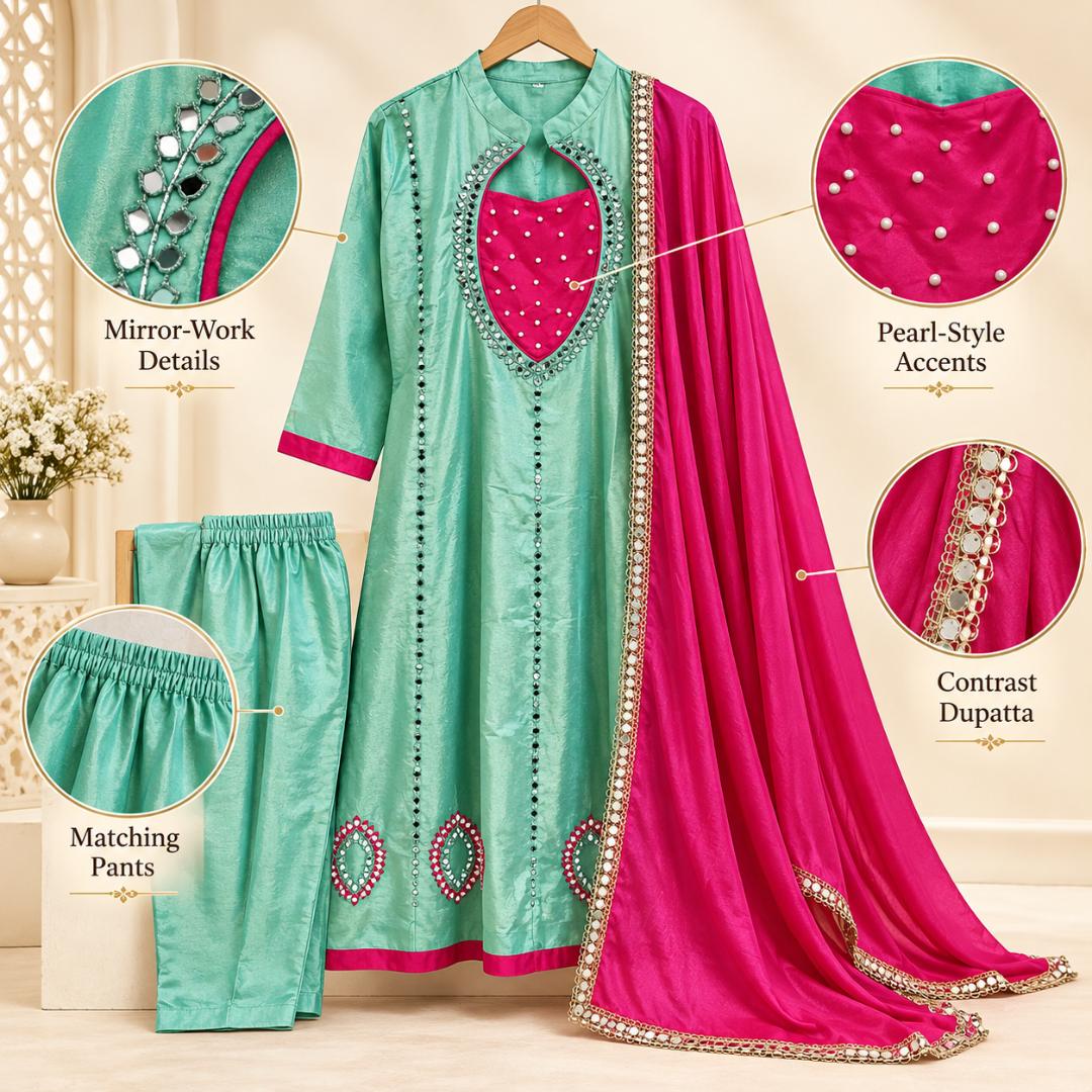 Vrindaa Sakhi Women’s Premium Mint Green & Pink Mirror Work Embroidered Kurta Pant Dupatta Set | Traditional Festive Ethnic Wear