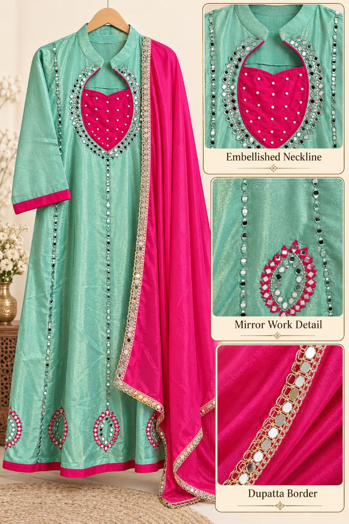 Vrindaa Sakhi Women’s Premium Mint Green & Pink Mirror Work Embroidered Kurta Pant Dupatta Set | Traditional Festive Ethnic Wear