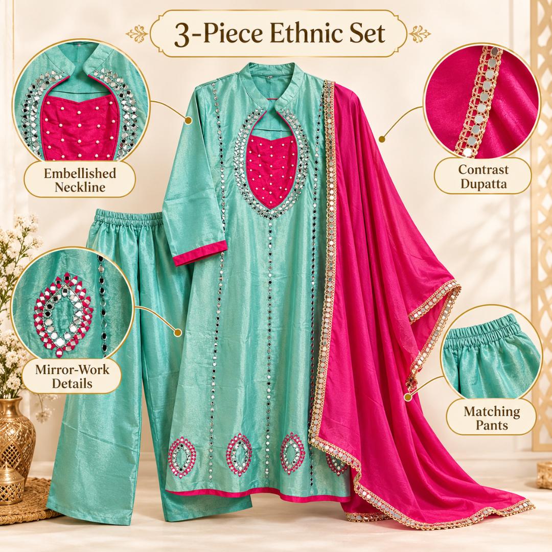 Vrindaa Sakhi Women’s Premium Mint Green & Pink Mirror Work Embroidered Kurta Pant Dupatta Set | Traditional Festive Ethnic Wear