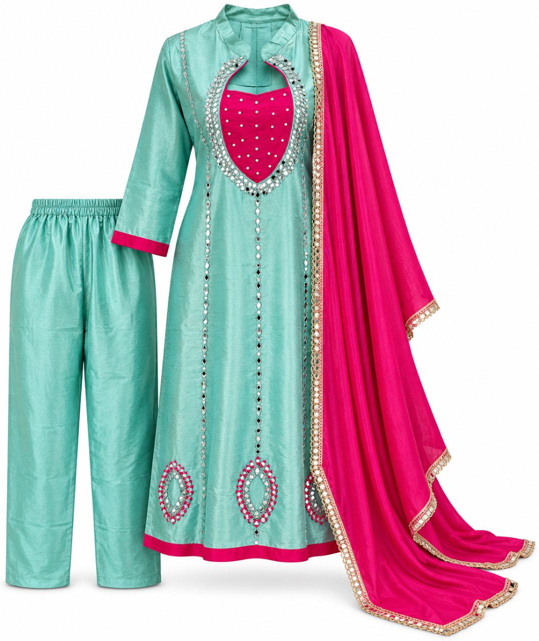 Vrindaa Sakhi Women’s Premium Mint Green & Pink Mirror Work Embroidered Kurta Pant Dupatta Set | Traditional Festive Ethnic Wear
