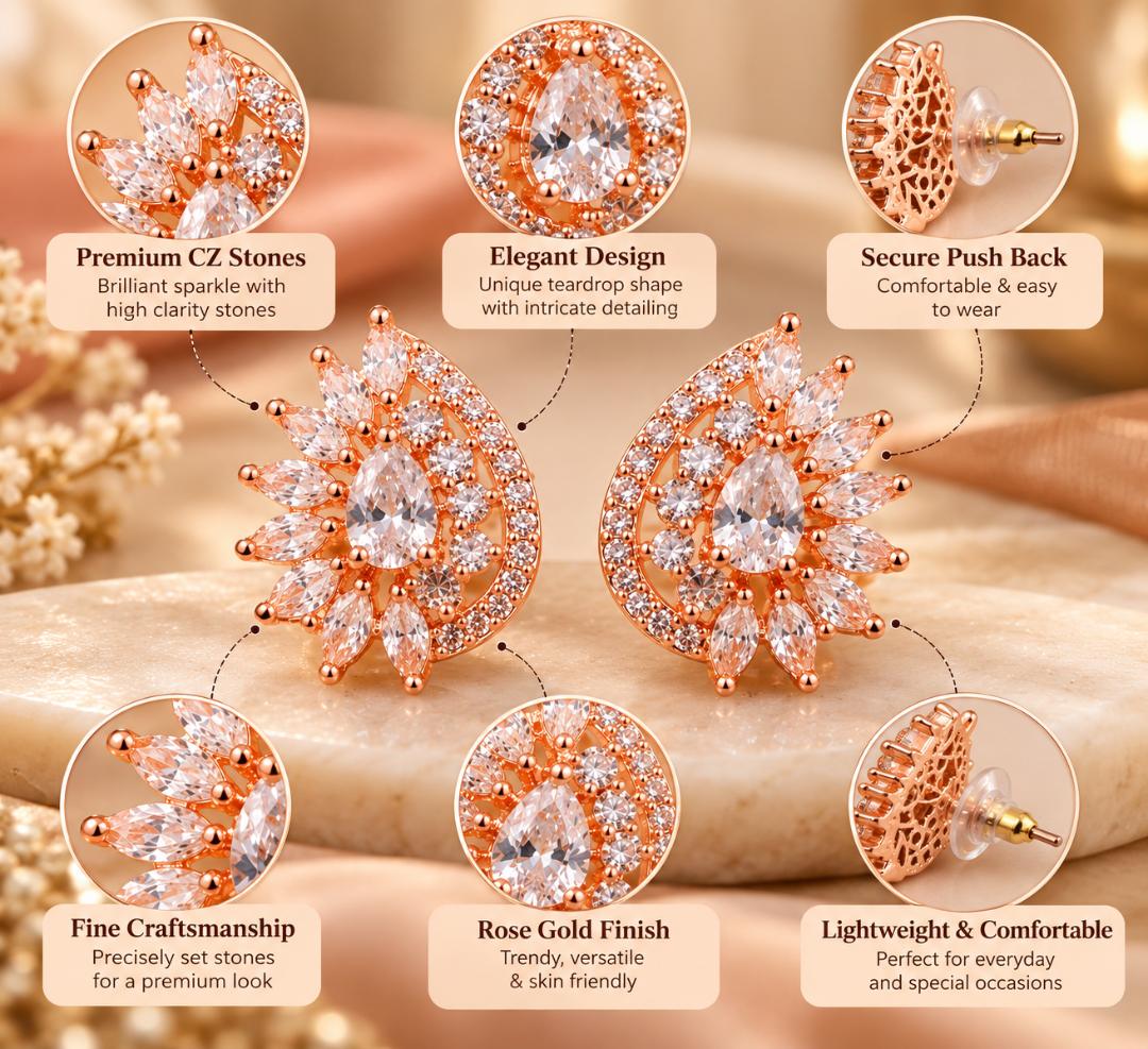 VRINDAASAKHI Rose Gold Plated White Stone Floral Teardrop Stud Earrings for 