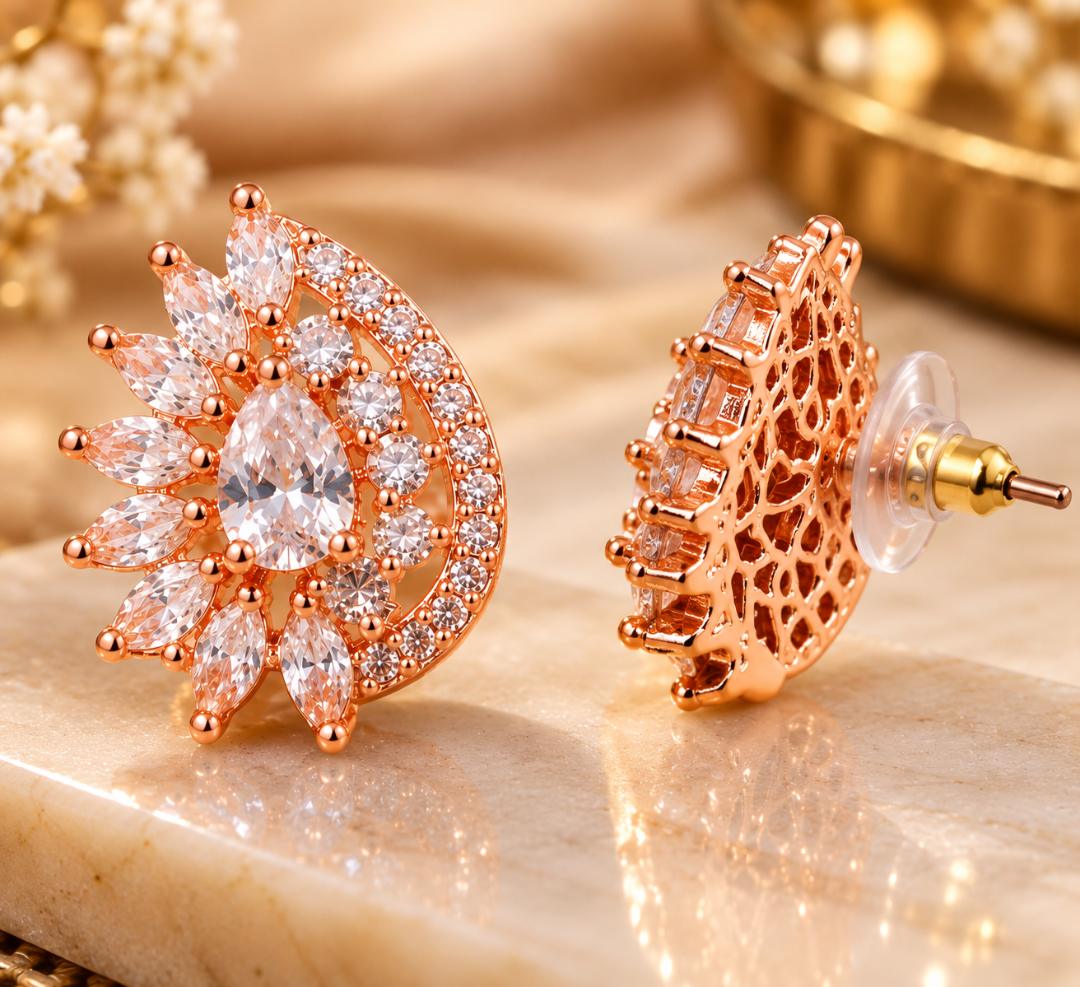 VRINDAASAKHI Rose Gold Plated White Stone Floral Teardrop Stud Earrings for 