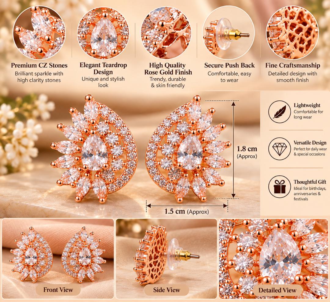 VRINDAASAKHI Rose Gold Plated White Stone Floral Teardrop Stud Earrings for 