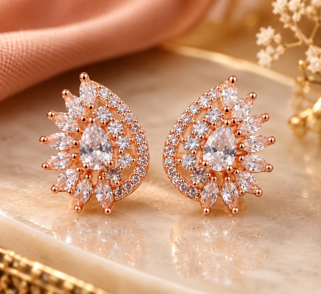 VRINDAASAKHI Rose Gold Plated White Stone Floral Teardrop Stud Earrings for 