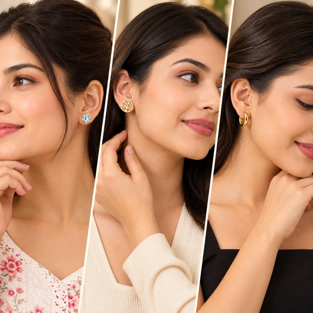 VRINDAASAKHI Set of 3 Pairs of Gold-Tone Stainless Steel Earrings for Women – CZ Studs, Tree of Life Studs & Hoop Earrings