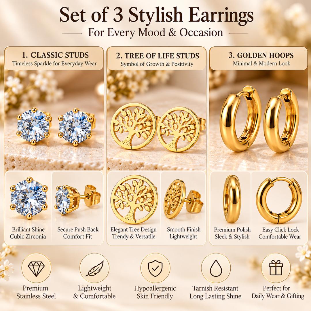 VRINDAASAKHI Set of 3 Pairs of Gold-Tone Stainless Steel Earrings for Women – CZ Studs, Tree of Life Studs & Hoop Earrings
