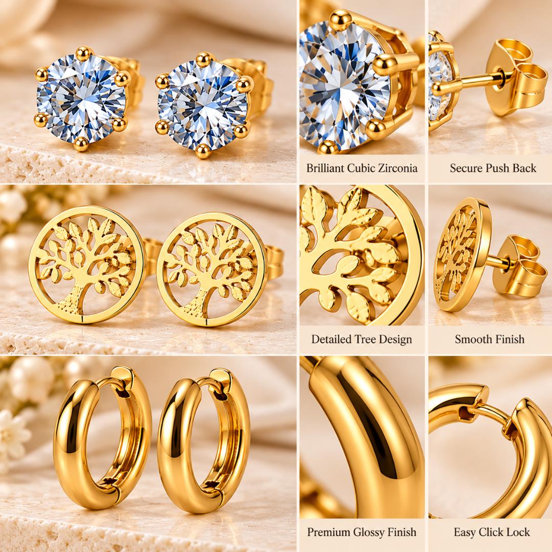 VRINDAASAKHI Set of 3 Pairs of Gold-Tone Stainless Steel Earrings for Women – CZ Studs, Tree of Life Studs & Hoop Earrings