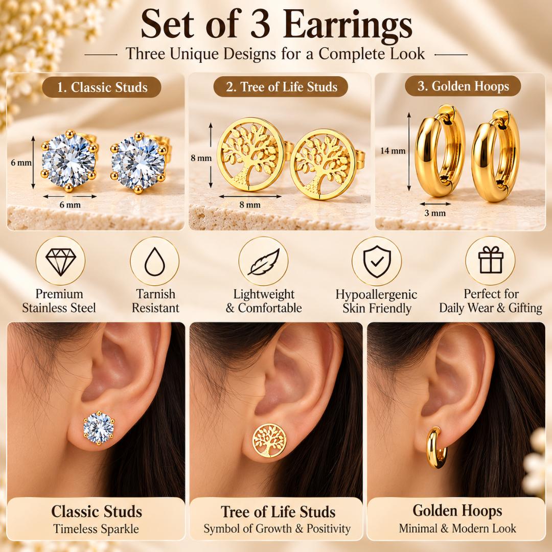 VRINDAASAKHI Set of 3 Pairs of Gold-Tone Stainless Steel Earrings for Women – CZ Studs, Tree of Life Studs & Hoop Earrings