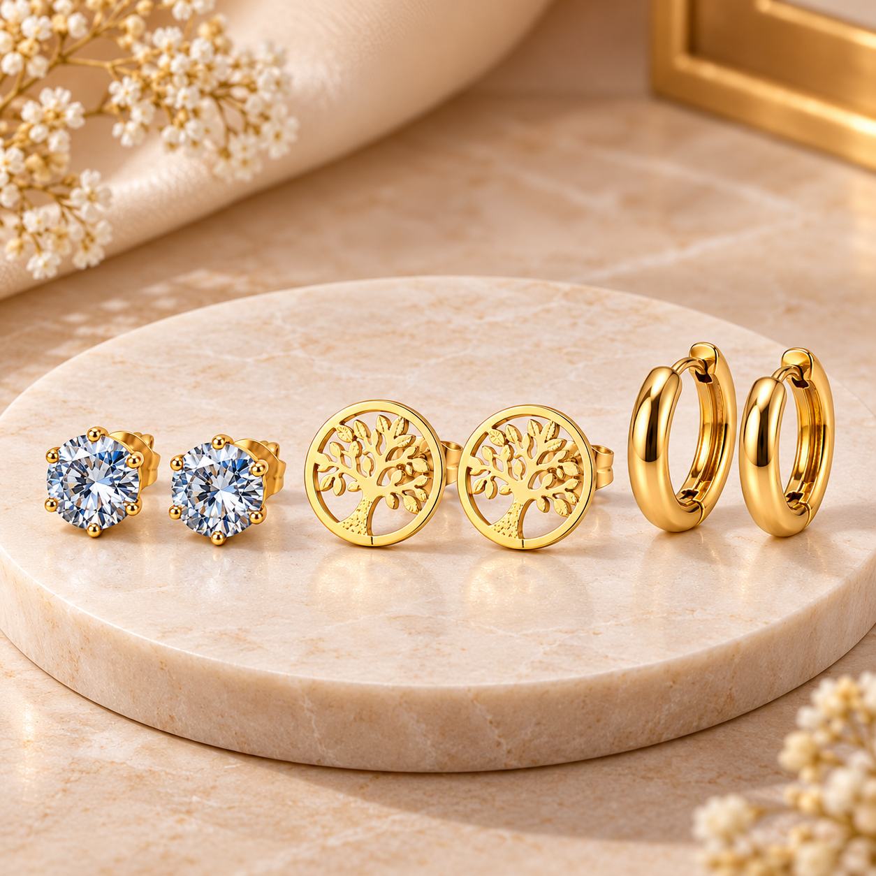 VRINDAASAKHI Set of 3 Pairs of Gold-Tone Stainless Steel Earrings for Women – CZ Studs, Tree of Life Studs & Hoop Earrings