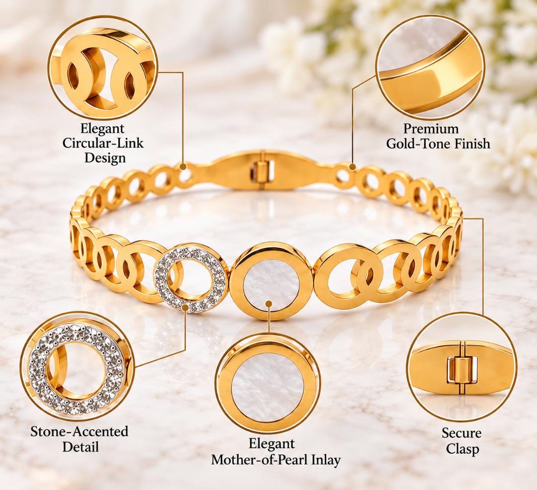 VRINDAASAKHI Women’s Gold Tone Circular Link Bracelet with White Stone Accents