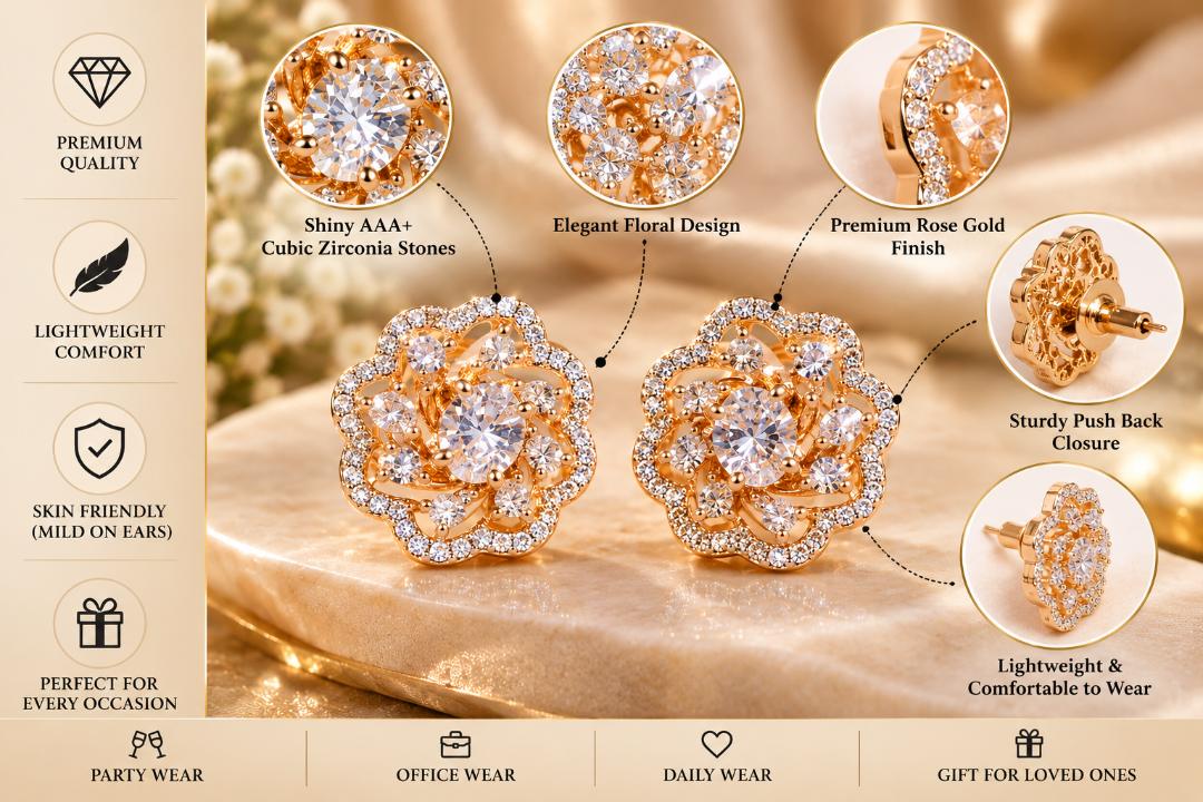 VRINDAASAKHI Women’s Rose Gold Floral Crystal Stud Earrings for Girls & Women