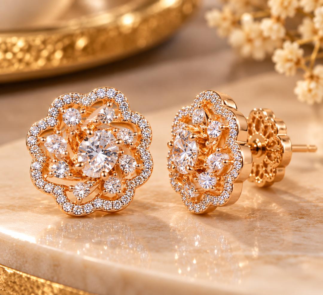 VRINDAASAKHI Women’s Rose Gold Floral Crystal Stud Earrings for Girls & Women