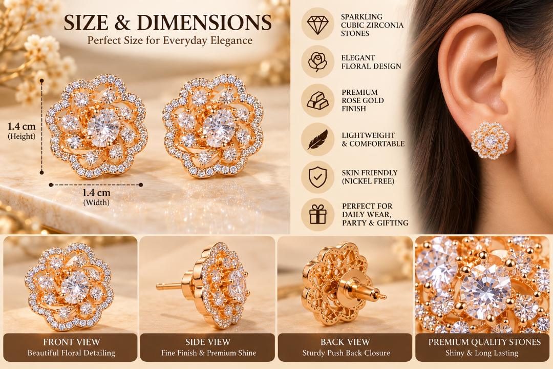 VRINDAASAKHI Women’s Rose Gold Floral Crystal Stud Earrings for Girls & Women