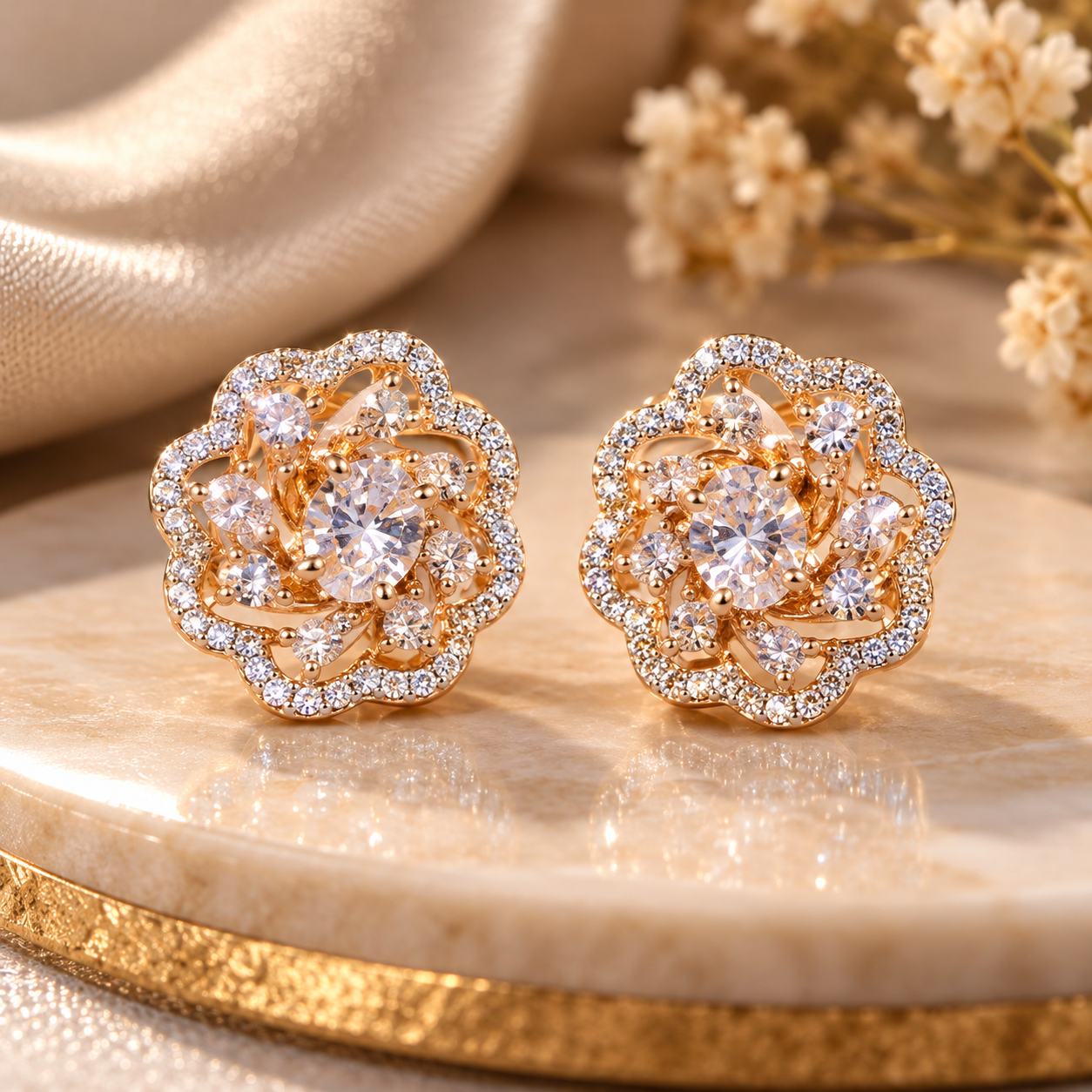 VRINDAASAKHI Women’s Rose Gold Floral Crystal Stud Earrings for Girls & Women