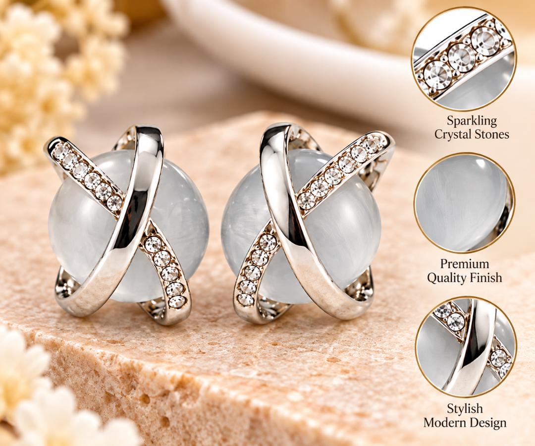 White Stone Criss-Cross Silver-Tone Stud Earrings for Women