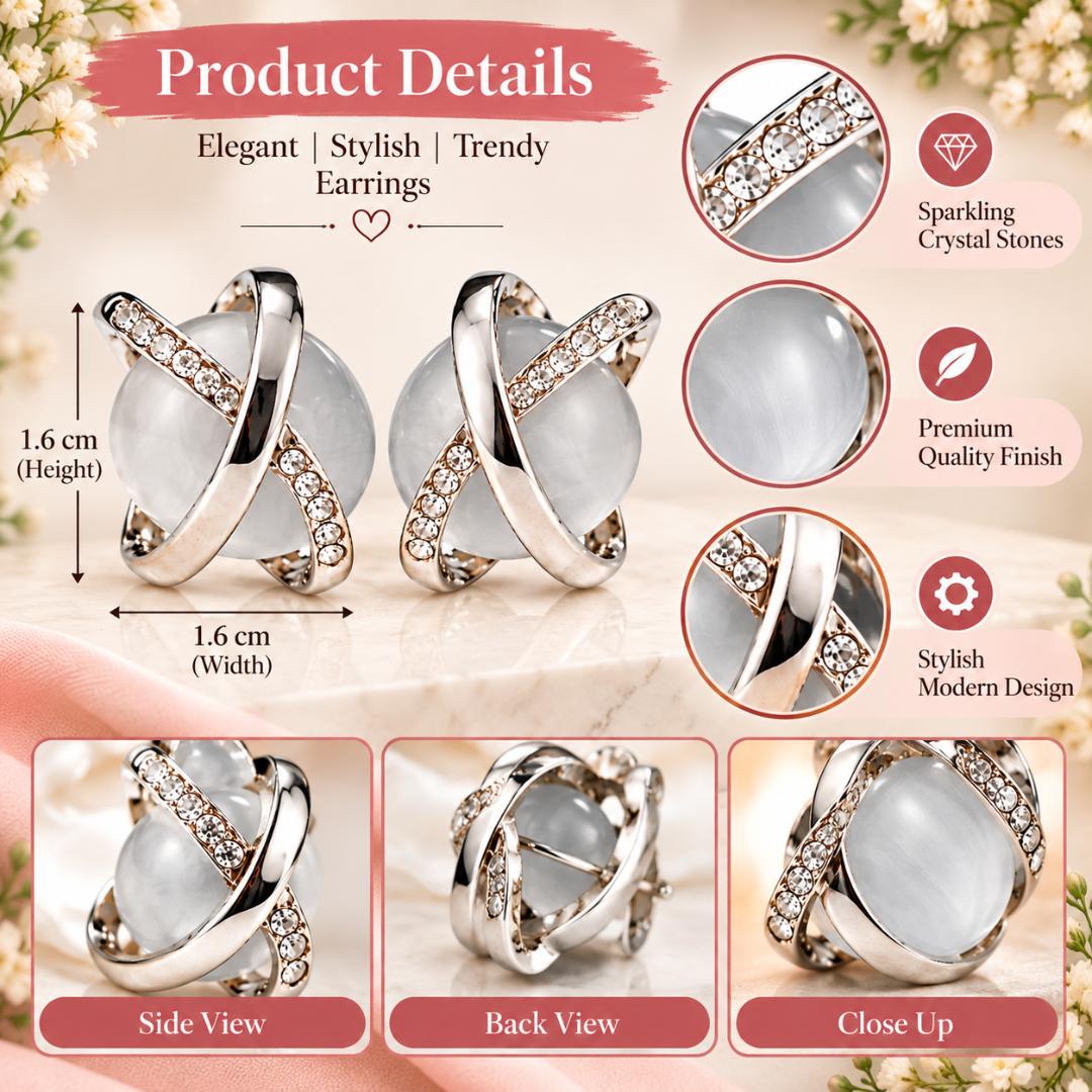 White Stone Criss-Cross Silver-Tone Stud Earrings for Women