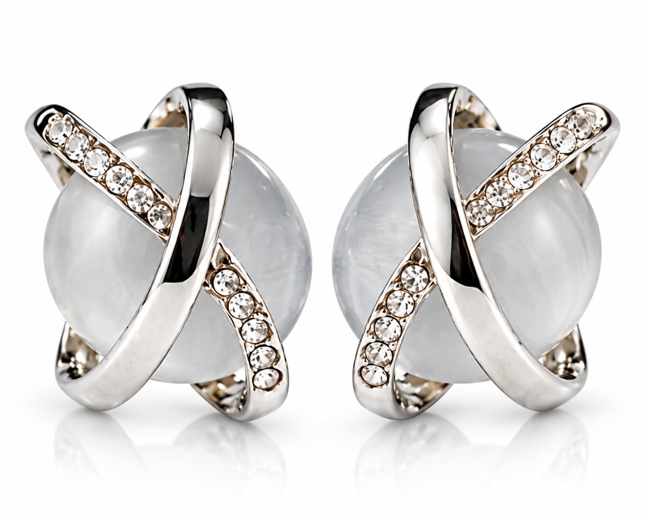 White Stone Criss-Cross Silver-Tone Stud Earrings for Women