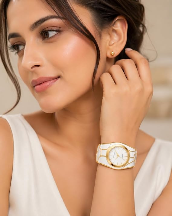 Women's Analog Quartz Wrist Watch – Premium Gold-Tone Adjustable Open Cuff Bracelet Watch with Elegant White Dial for Women & Girls