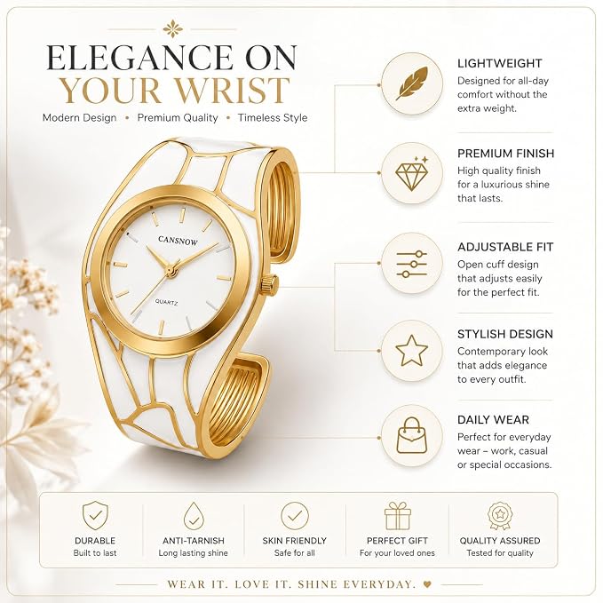 Women's Analog Quartz Wrist Watch – Premium Gold-Tone Adjustable Open Cuff Bracelet Watch with Elegant White Dial for Women & Girls