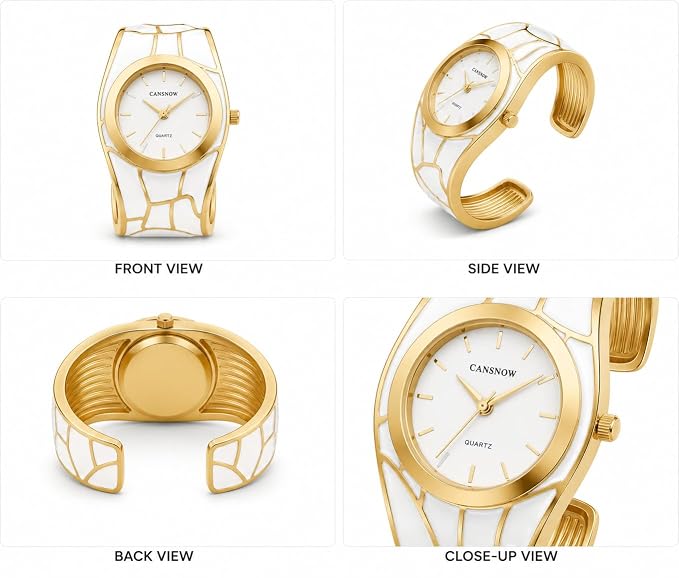 Women's Analog Quartz Wrist Watch – Premium Gold-Tone Adjustable Open Cuff Bracelet Watch with Elegant White Dial for Women & Girls