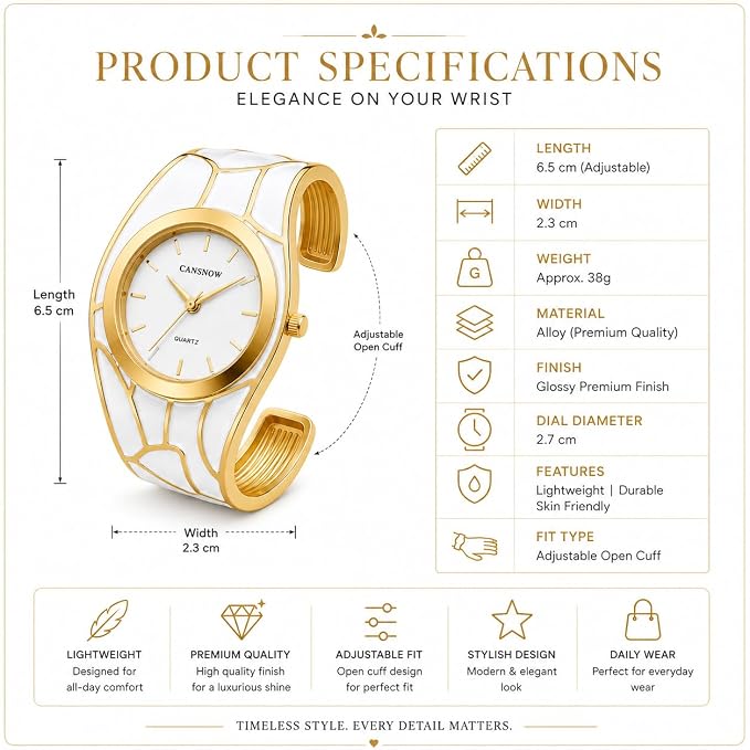 Women's Analog Quartz Wrist Watch – Premium Gold-Tone Adjustable Open Cuff Bracelet Watch with Elegant White Dial for Women & Girls