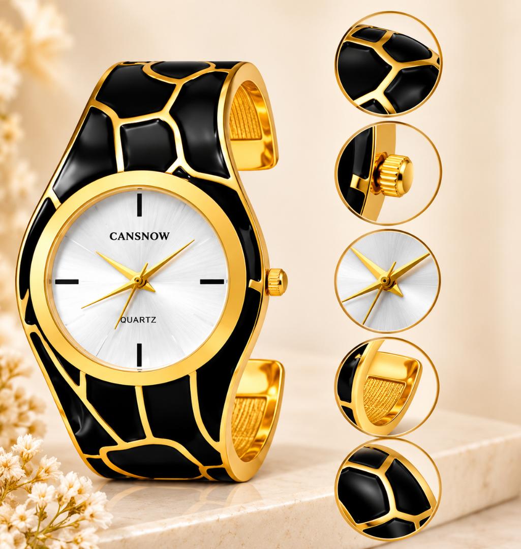 Women's Black & Gold Analog Quartz Cuff Bracelet Watch