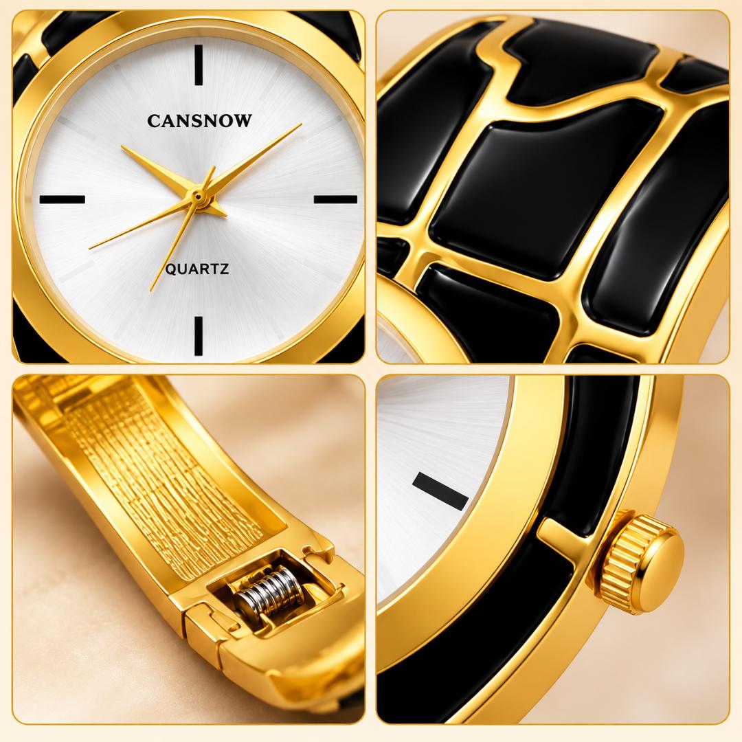 Women's Black & Gold Analog Quartz Cuff Bracelet Watch