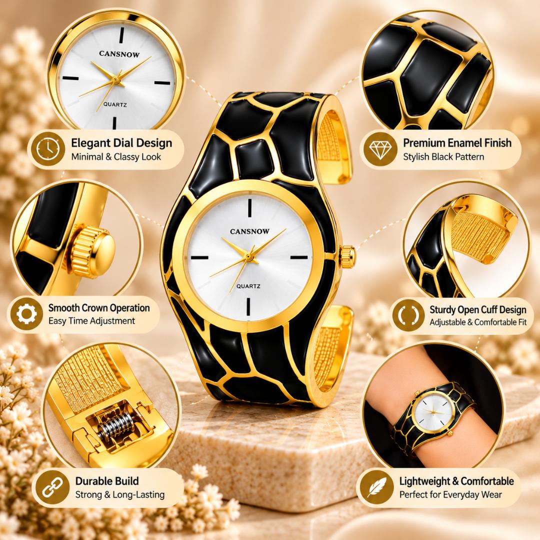 Women's Black & Gold Analog Quartz Cuff Bracelet Watch