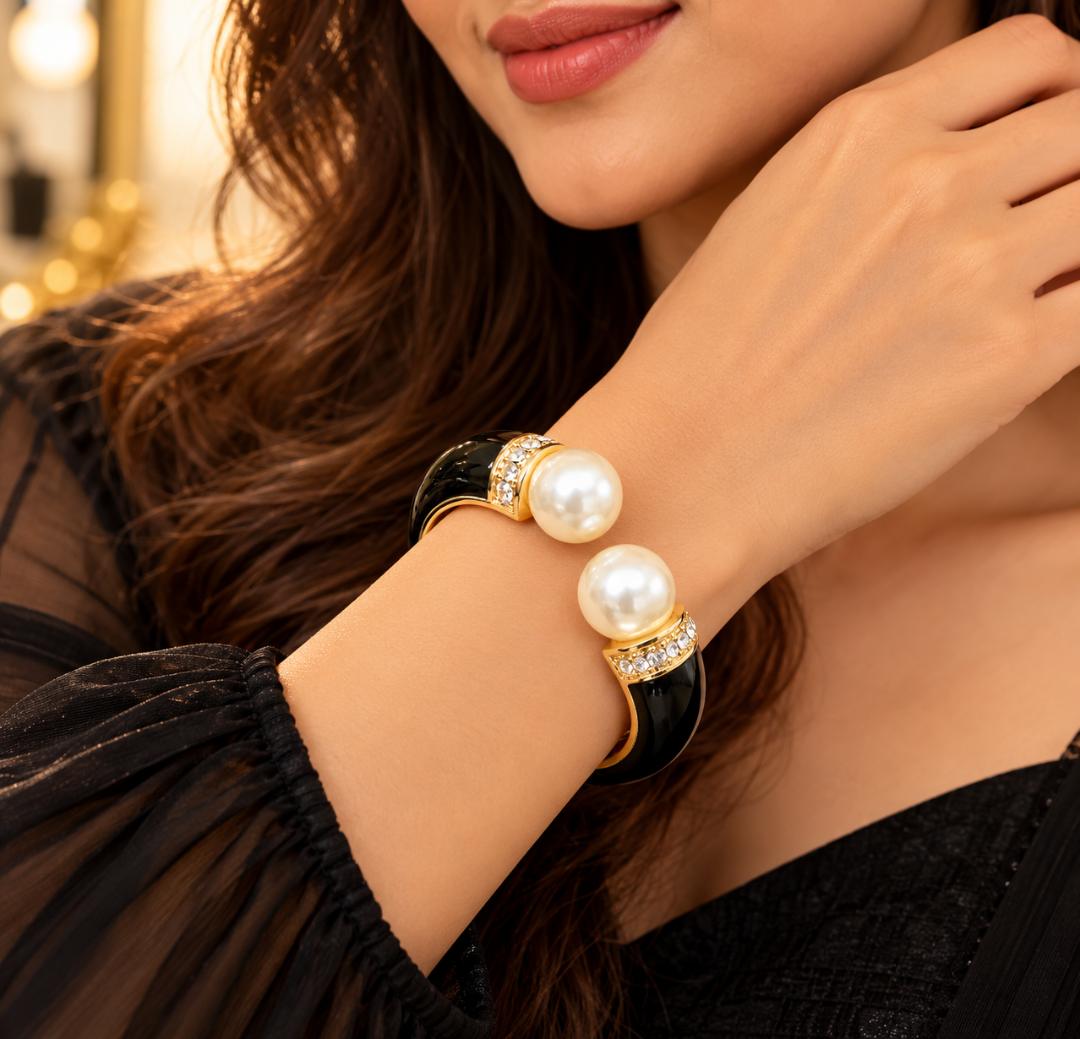 Women’s Black Gold Pearl Cuff Bracelet with Crystal Stone Detailing