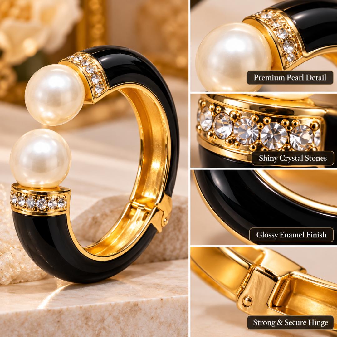 Women’s Black Gold Pearl Cuff Bracelet with Crystal Stone Detailing