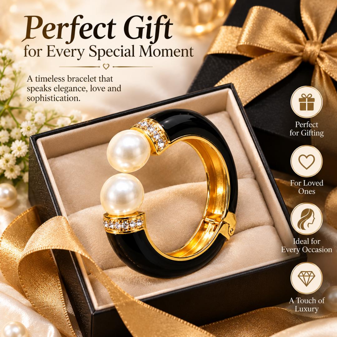 Women’s Black Gold Pearl Cuff Bracelet with Crystal Stone Detailing