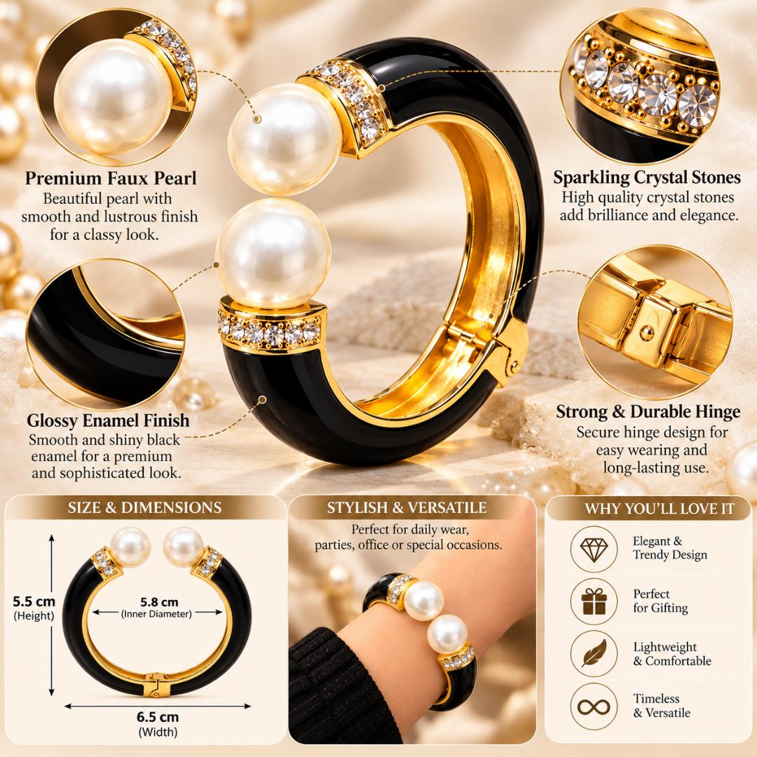 Women’s Black Gold Pearl Cuff Bracelet with Crystal Stone Detailing