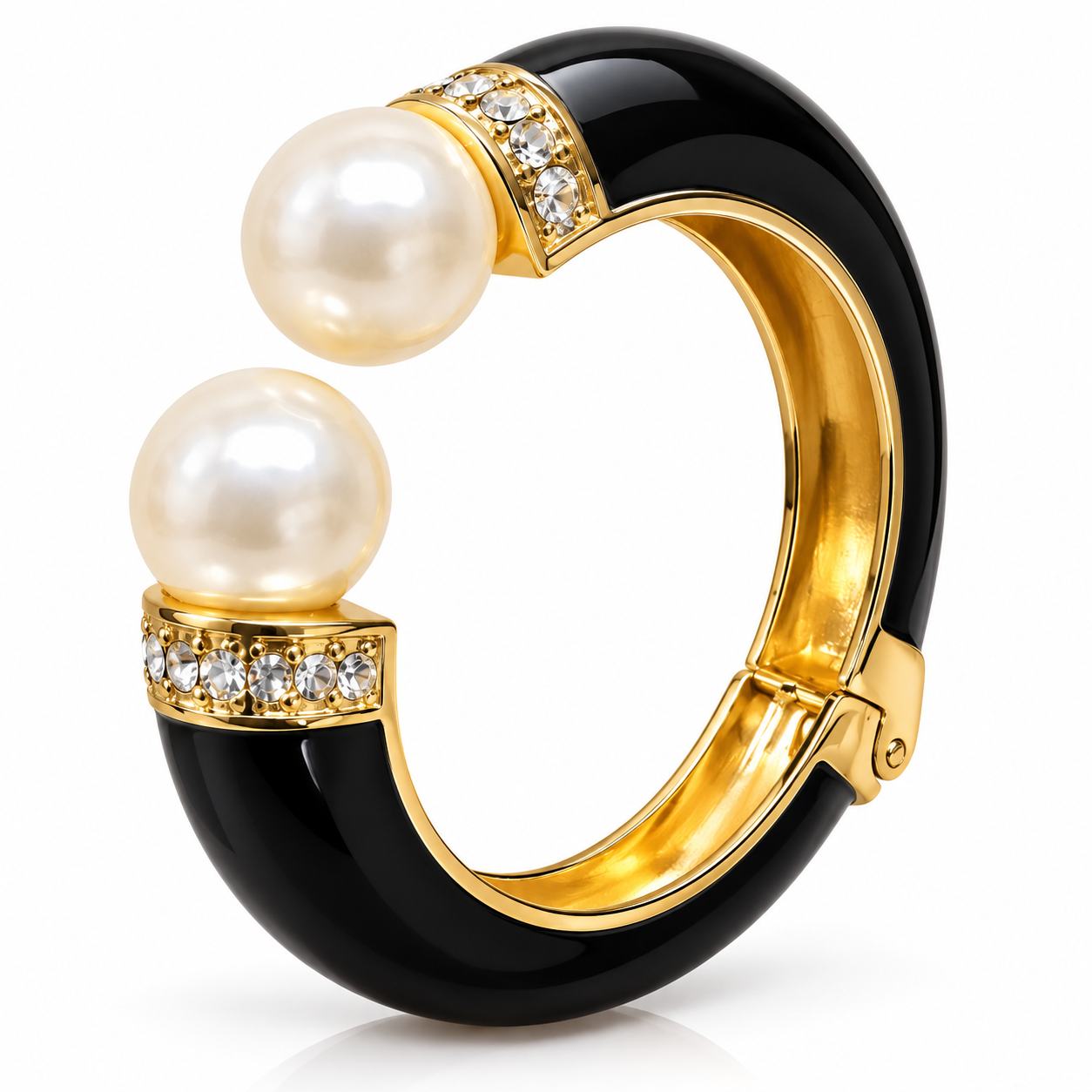 Women’s Black Gold Pearl Cuff Bracelet with Crystal Stone Detailing