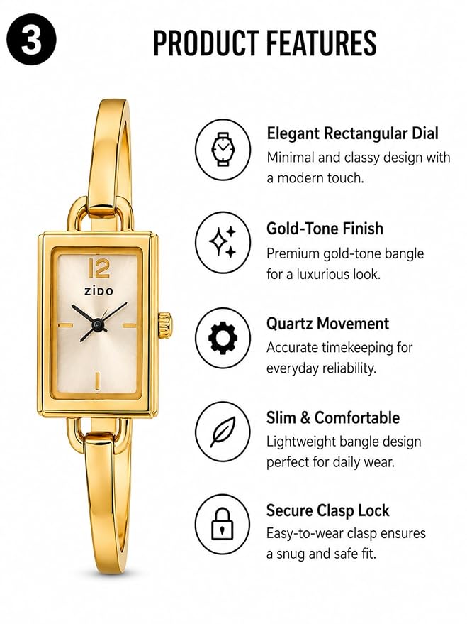 Women’s Gold KADA Bracelet Watch | Stylish Bangle Style Wrist Watch