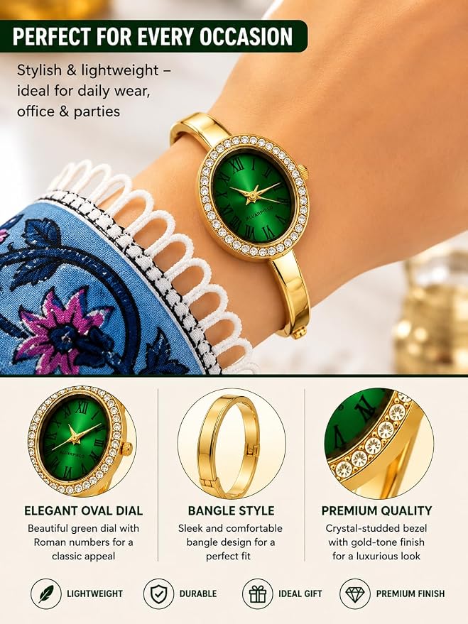 Women's Gold-Tone Bangle Watch | Green Oval Dial | Stylish Analog Watch
